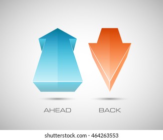 Two arrow in the perspective distortion. 2 direction ahead and back banner shape. Trend form