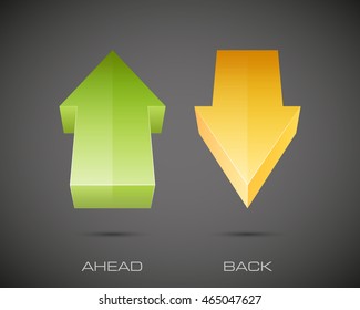 Two arrow in the perspective distortion. 2 direction ahead and back banner shape. Trend form