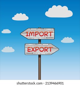 Dos flechas de señalización con las palabras "importar" y "exportar" en un fondo azul con nubes. Ilustración del vector