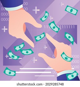 Two arrows, between which there are arrows, pluses, banknotes on a financial background. Success in business, trading and finance on the stock exchange, currency exchange and profit from stocks 