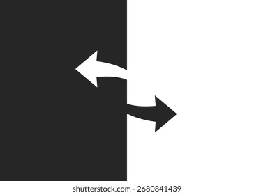 Zwei Pfeile in Schwarz und Weiß stellen entgegengesetzte Richtungen dar, die eine Auswahl veranschaulichen. Flaches Design mit Platz zum Vergleich. Vektorgrafik