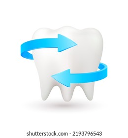 Dos flechas azules circulando alrededor del diente. Limpieza de los dientes para el diseño de clínicas dentales para niños. Concepto de higiene dental. Aislado sobre fondo blanco. Icono 3d vector EPS10 ilustración. 