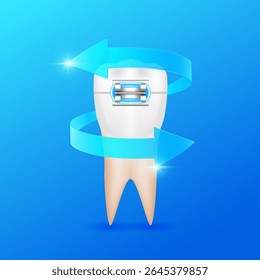 Two arrows blue rotating around tooth and braces on dark background. For design dentist or dentistry treatments. Vector EPS10.