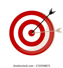 Two arrows from the bow, black and white, hit the target with red circles. A unique illustration of success and getting to the point. Vector illustration. Stock Photo.