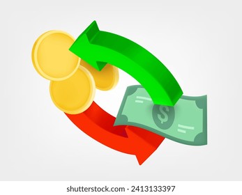 Dos flechas en el círculo con billetes y monedas. Concepto de contraparte. Iconos vectoriales aislados en fondo blanco