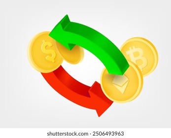 Zwei Pfeile im Kreis mit Münzen und Kryptowährung. Geldwechselkonzept. 3D-Vektorsymbole einzeln auf weißem Hintergrund