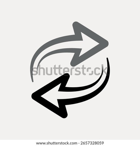 Two arrows in a circular motion. Arrows symbolize exchange, refresh, or rotation. Circular arrows convey movement and change. Simple, dynamic arrow design. Design element vector.
