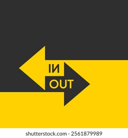 Two arrows are directed in different directions. Template comparison black and yellow  line design. In and Out. Glyph icon isolated on yellow background. Vector illustration flat style. 