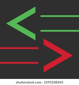 Two arrows are directed in different directions. Template comparison green and red line design. In and Out. Glyph icon isolated on black background. Vector illustration flat style. 