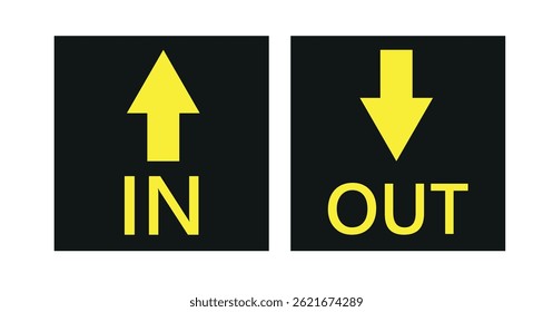 Two arrows are directed in different directions. Template comparison black and yellow line design. In and Out. Glyph icon isolated on yellow background. Vector illustration flat style.