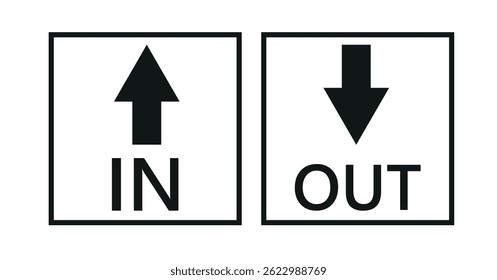 Two arrows are directed in different directions. Template comparison black and yellow line design. In and Out. Glyph icon isolated on yellow background. Vector illustration flat style.
