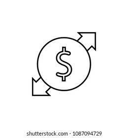 Two arrows dollar sign circle. Line vector icon on white background. Devaluation and inflation. Perfect for web and software interfaces.