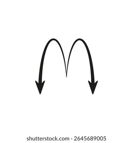 Two arrows down. Two semicircular thin curved arrows are directed and point downwards. Rounded flexible shape. Vector illustration.