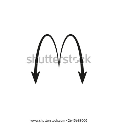 Two arrows down. Two semicircular thin curved arrows are directed and point downwards. Rounded flexible shape. Vector illustration.