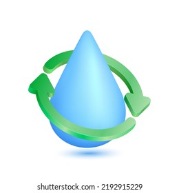 Two arrows green circulating around water drop blue. Water recycling. Ecology renewable natural resource  concept. Icon 3D Vector EPS10. Isolated on white Background.