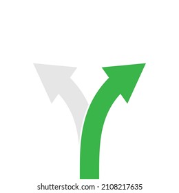 The two arrows, green and grey, point in different directions. Choosing the correct right green path. Vector pictogram signs
