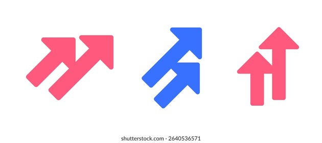 Two arrows up as growth increase performance flat cartoon icon set logo graphics, success upward strategy trend sign symbol red blue color