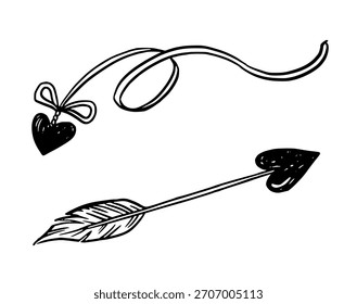 Two arrows with heart and ribbon bow in doodle sketch style. Black and white hand drawn outline art ideal for Valentines Day design or concept romantic card. Good for stationery decoration.