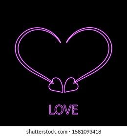 Two arrows with heart shaped tip create a heart shape neon glowing icon. Isolated on a black background. Stock vector illustration.