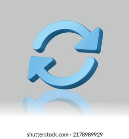 Two arrows icon - update symbol. 3d blue glass update, refresh icon - 3d rendering.