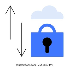 Two arrows indicating data transfer process and a padlock with a cloud represent security in cloud storage technology. Ideal for digital security, cloud computing, data protection, online privacy