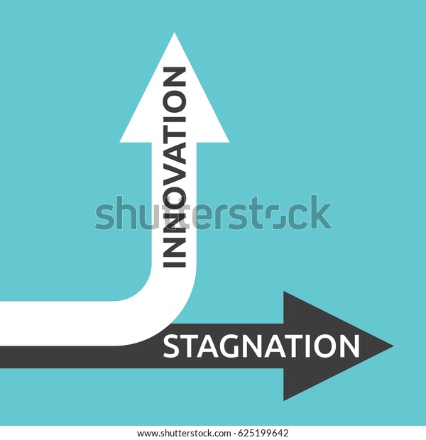 Two arrows with innovation and stagnation text\
isolated on turquoise blue. Growth, development and success\
concept. Flat design. EPS 8 compatible vector illustration, no\
transparency, no gradients