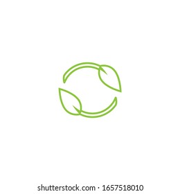 Two arrows with leaves eco recycle icon. eco sign isolated on white. Vector reuse  illustration. Green flat outline leaves. Leaf ecology circle symbol