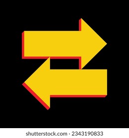 Two arrows left-right sign. 3D Extruded Yellow Icon with Red Sides a Black background. Illustration.