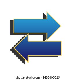 Two arrows left-right sign. Blue icon with gold contour with dark gray shadow at white background. Illustration.