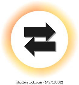 Two arrows left-right sign. Dark icon with shadow on the glowing circle button. Illustration.