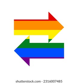 Dos flechas en señal izquierda-derecha. Icono en fondo blanco, de los derechos LGBT gay arcoiris. Ilustración.