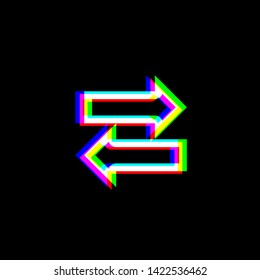 Two arrows left-right sign. Red, green and blue unfocused contour icon at black background. Illustration.