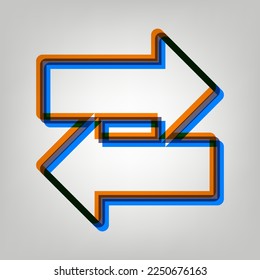 Two arrows left-right sign. Stroked Icon in orange, azure and old lavender Colors at gray Background. Illustration.