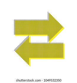 Two arrows left-right sign. Vector. Yellow icon with square pattern duplicate at white background. Isolated.