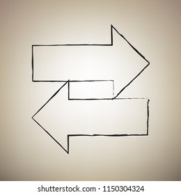 Two arrows left-right sign. Vector. Brush drawed black icon at light brown background.