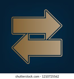 Two arrows left-right sign. Vector. Golden icon and border at dark cyan background.