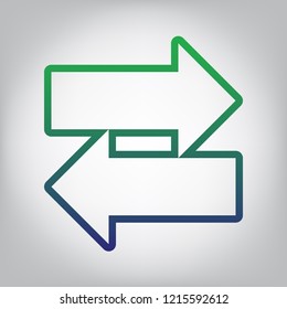 Two arrows left-right sign. Vector. Green to blue gradient contour icon at grayish background with light in center.