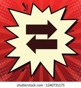 Two arrows left-right sign. Vector. Dark red icon in lemon chiffon shutter bubble at red popart background with rays.