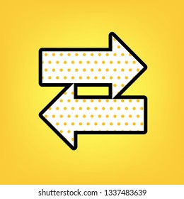 Two arrows left-right sign. Vector. Yellow polka dot white icon with black contour at warm yellow background.