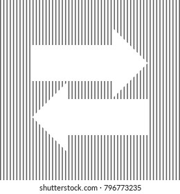Two arrows left-right sign. Vector. White icon on grayish striped background. Optical illusion.