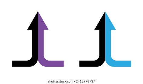 Two arrows merging into one icon set. Two arrows junction together vector symbol in a black filled and outlined style. Vertical two arrows unite sign.