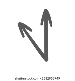 Two arrows on acute angle line icon. Outline hand drawn scribble pointers up from one point. Geometry, road junction, direction mascot, simple doodle arrows with tips up icon vector illustration