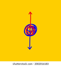 Dos flechas en direcciones opuestas. Icono de conflicto. Dirección arriba y abajo. Concepto de oposición. Ilustración del doodle vectorial