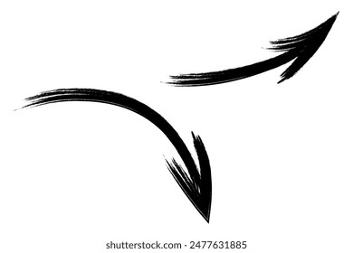 Two arrows. A pair of black pointers pointing to the right, one up, one down. Hand drawn sign. Vector illustration. Directional signs made from brush strokes. Outline on isolated white background.