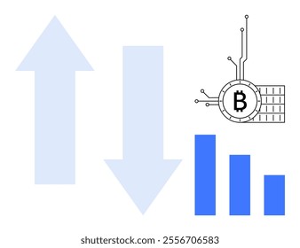 Two arrows pointing up and down beside a bar chart and Bitcoin graphic. Ideal for themes about cryptocurrency, market analysis, price fluctuations, financial trends, and blockchain technology