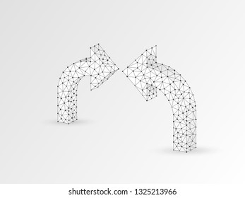 Two Arrows pointing middle abstract wireframe digital 3d illustration. Low poly Business visionary, goal concept with lines dots and starry sky on blue background. Vector origami polygonal road guide