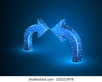 Two Arrows pointing middle abstract wireframe digital 3d illustration. Low poly Business visionary, goal concept with lines dots and starry sky on blue background. Vector neon polygonal road guide