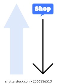 Two arrows pointing in opposite directions, one upwards in light blue and the other downwards in black with a blue speech bubble containing the word Shop. Ideal for marketing, advertising