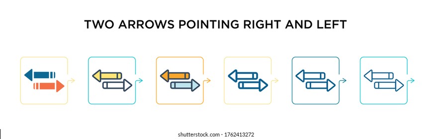 Two arrows pointing right and left vector icon in 6 different modern styles. Black, two colored two arrows pointing right and left icons designed in filled, outline, line and stroke style. Vector 