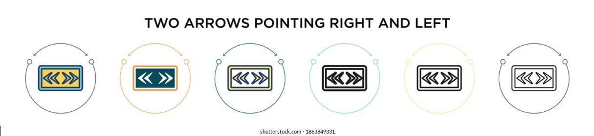 Two arrows pointing right and left icon in filled, thin line, outline and stroke style. Vector illustration of two colored and black two arrows pointing right and left vector icons designs can be